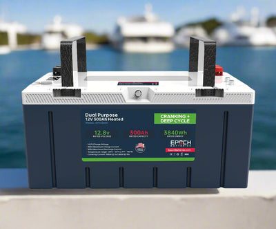 Epoch 12V 300Ah cranking & deep cycle battery - in front of marina with water and boats in background