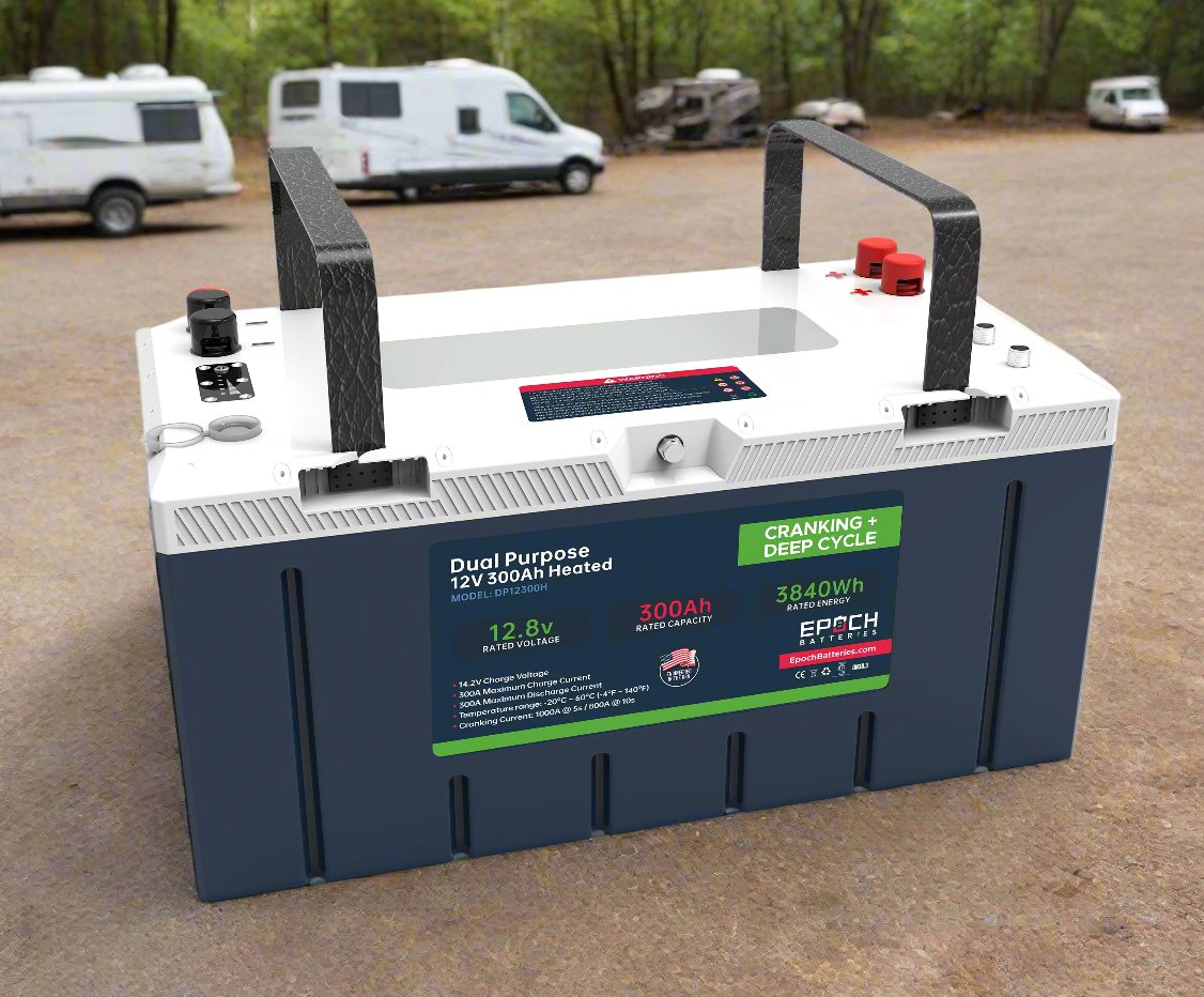 Epoch 12V 300Ah cranking & deep cycle battery - in front of campsite with camper vans in the background