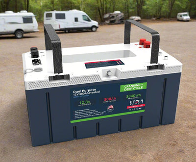 Epoch 12V 300Ah cranking & deep cycle battery - in front of campsite with camper vans in the background