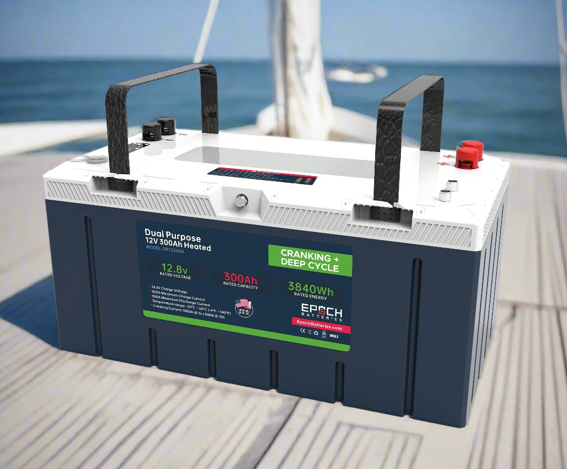 Epoch 12V 300Ah cranking & deep cycle battery - on a boat with water in background