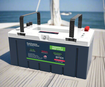 Epoch 12V 300Ah cranking & deep cycle battery - on a boat with water in background