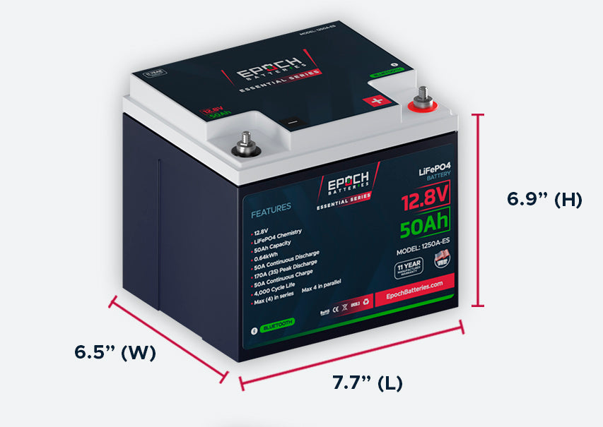 Epoch 12.8V 50Ah Essential Series - Bluetooth LiFePO4 battery - Dimensions