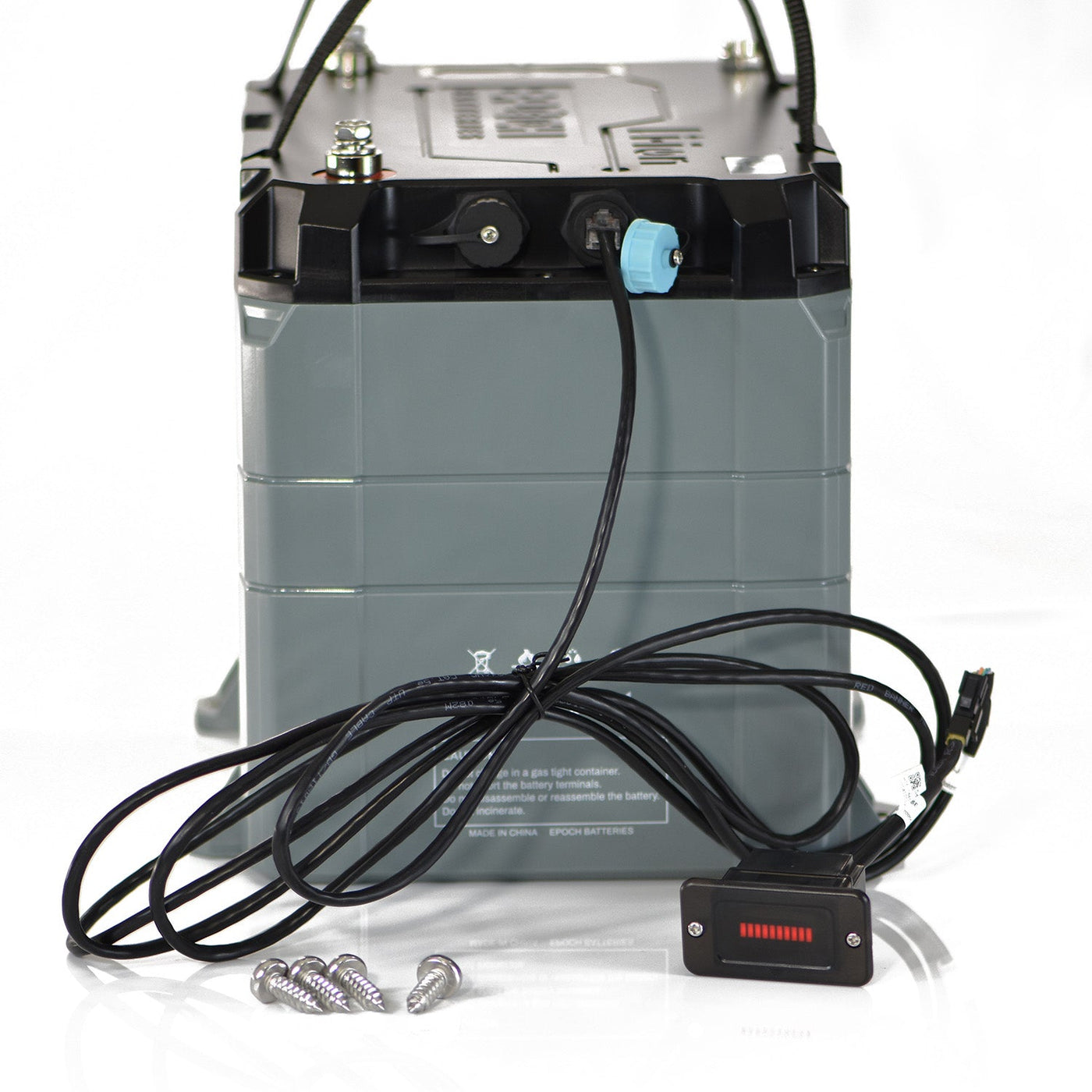 Epoch 12V 50Ah LiFePO4 Lithium Battery with Bluetooth, Heating & Waterproofing - side view wit wiring and hardware