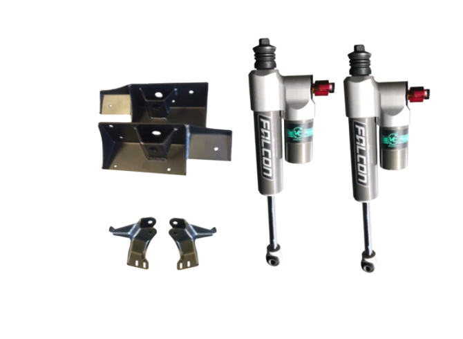 A set of front shock absorbers with a fast adjust kit, including mounting brackets and hardware, designed for 4x4 Mercedes Sprinter 2015+