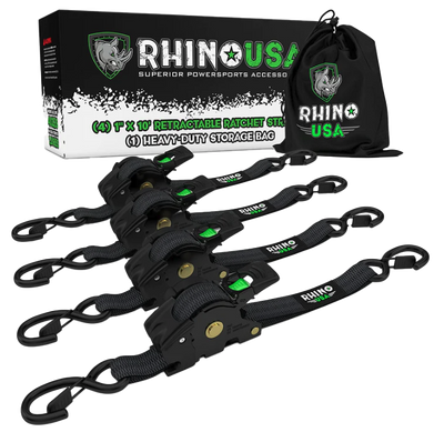 1" x 10' Retractable Ratchet Straps (4-Pack) Black by Rhino USA