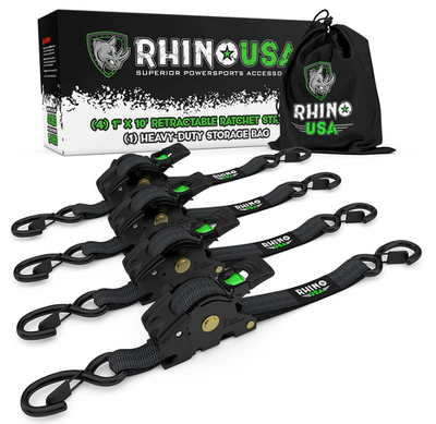 1" x 10' Retractable Ratchet Straps (4-Pack) Black by Rhino USA