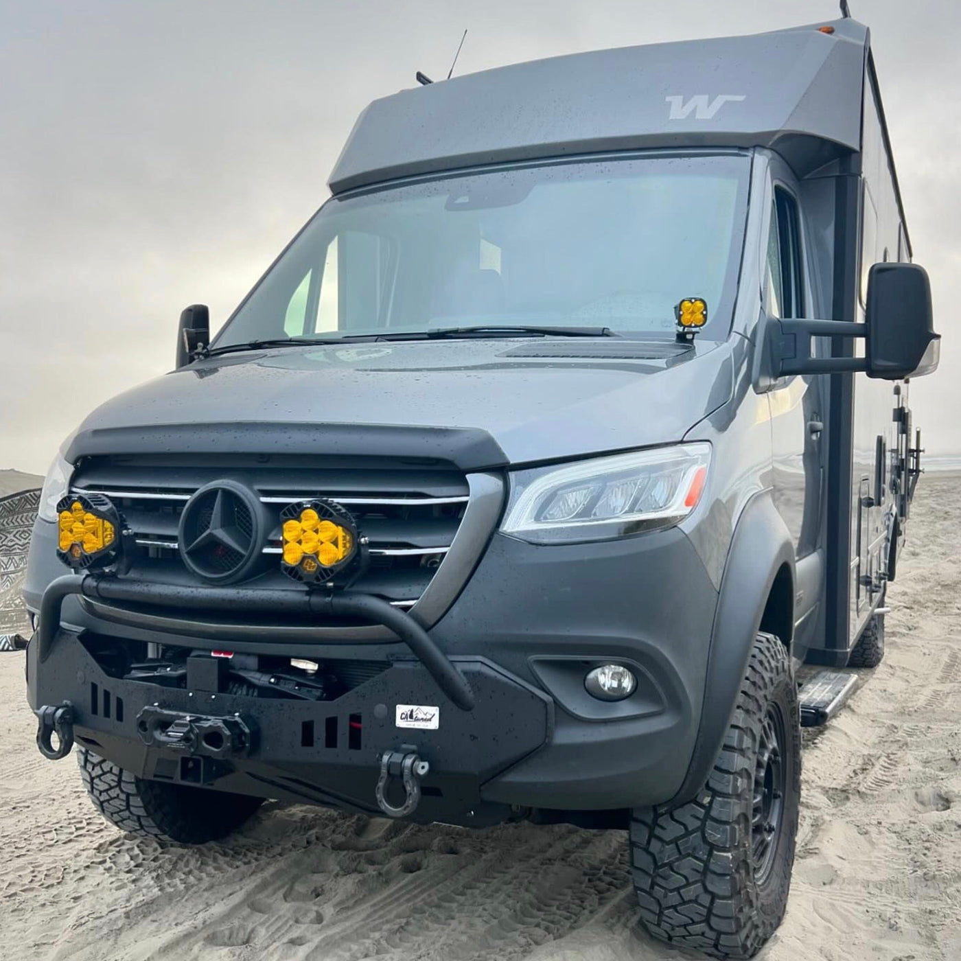 Terrawagen Areohood spoiler for Tiffin Open Trail - installed - with front bumper, lights, and recovery gear.