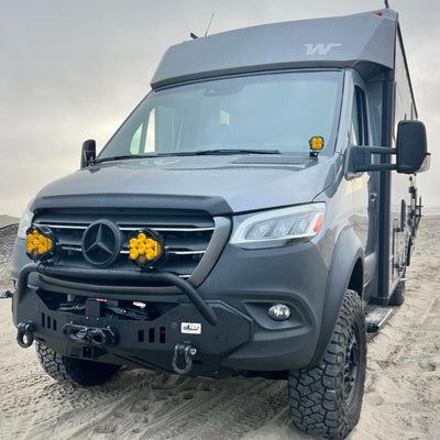 Terrawagen Areohood spoiler for Tiffin Open Trail - installed - with front bumper, lights, and recovery gear.