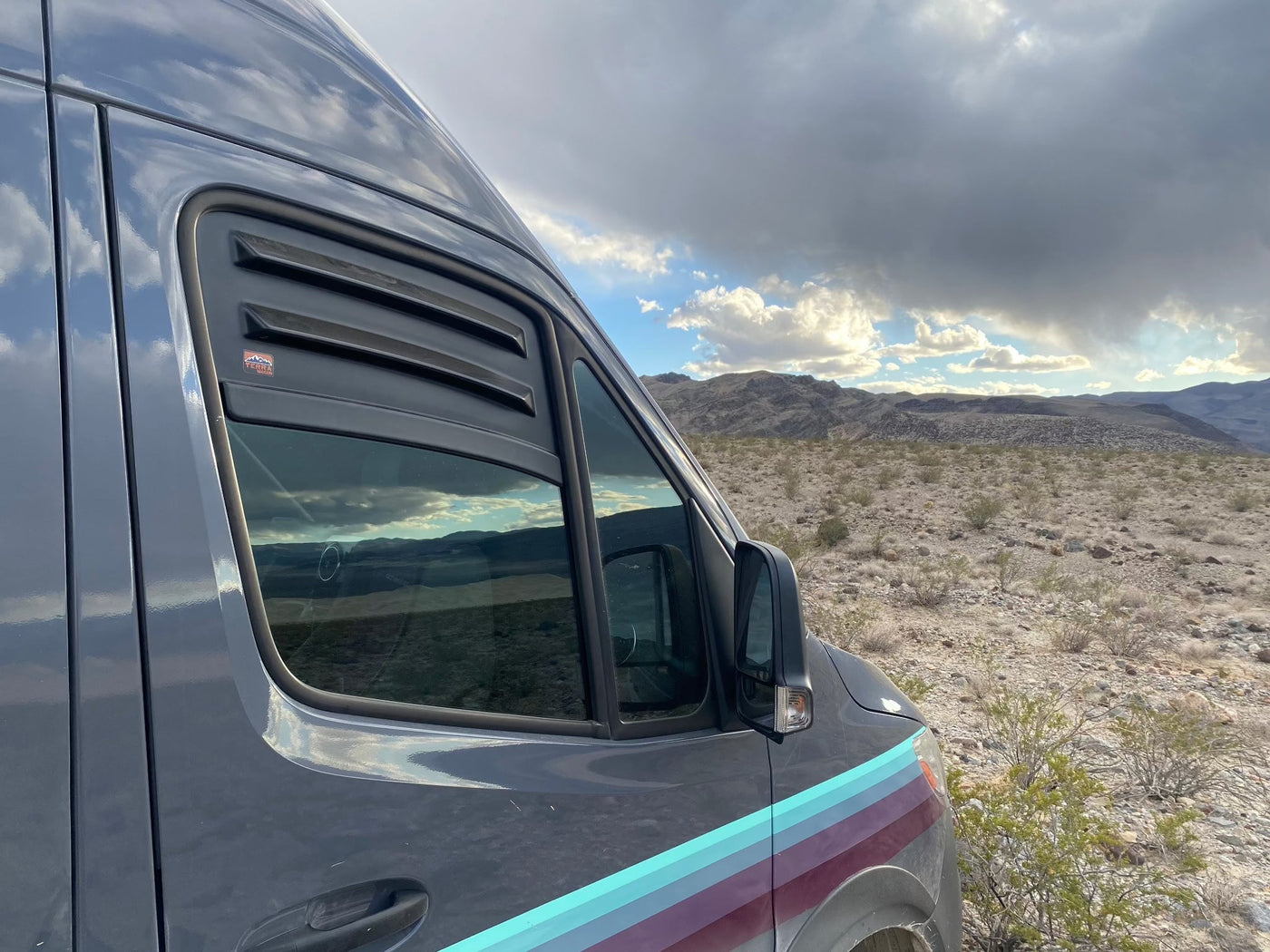 Terrawagen Bug Barrier for Tiffin Open Trail - installed passenger side - van with desert overlook