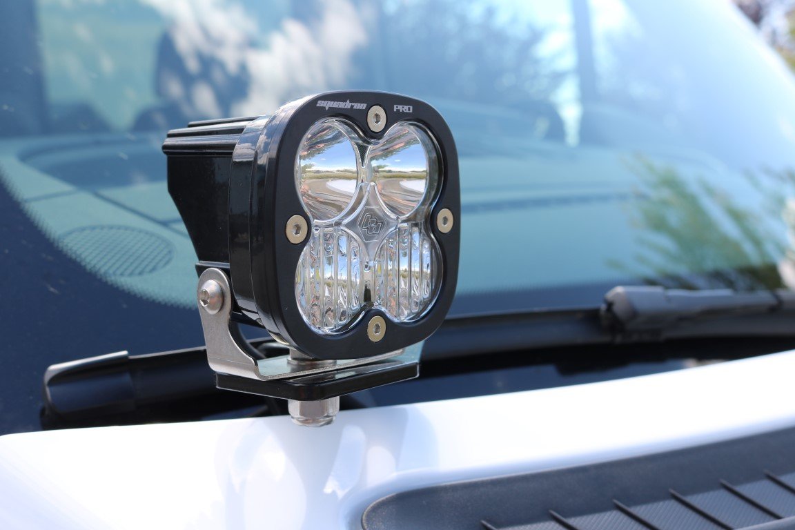 Van Compass Hoodline Light Pod Mount installed with Baja Designs Squadron Light