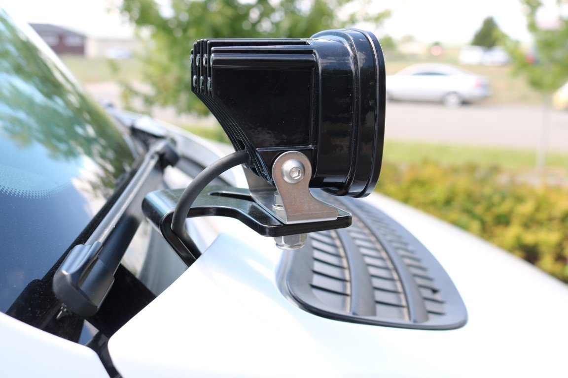 Van Compass Hoodline Light Pod Mount with Baja Designs Squadron Light - side view