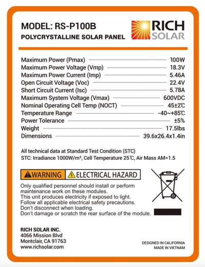 Mega 100 Watt Poly Solar Panel Black Frame by Rich Solar