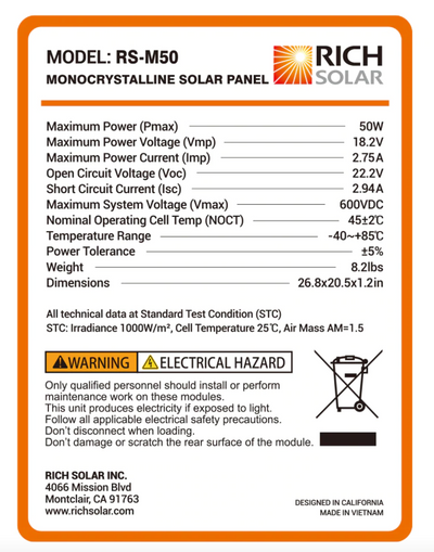 Mega 50 Watt Solar Panel by Rich Solar