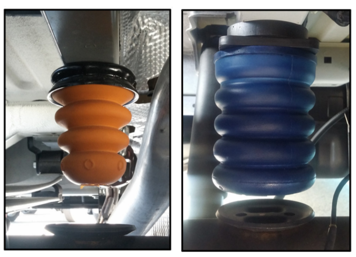 Factory Ford Transit bump stop (orange) compared to SumoSpring 1000lb bump stop upgrade (blue)