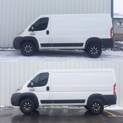 Top image: Stock Ram Promaster with visible nose down rake. Bottom Image: Ram Promaster with Van Compass Front 1.5" lift/leveling kit